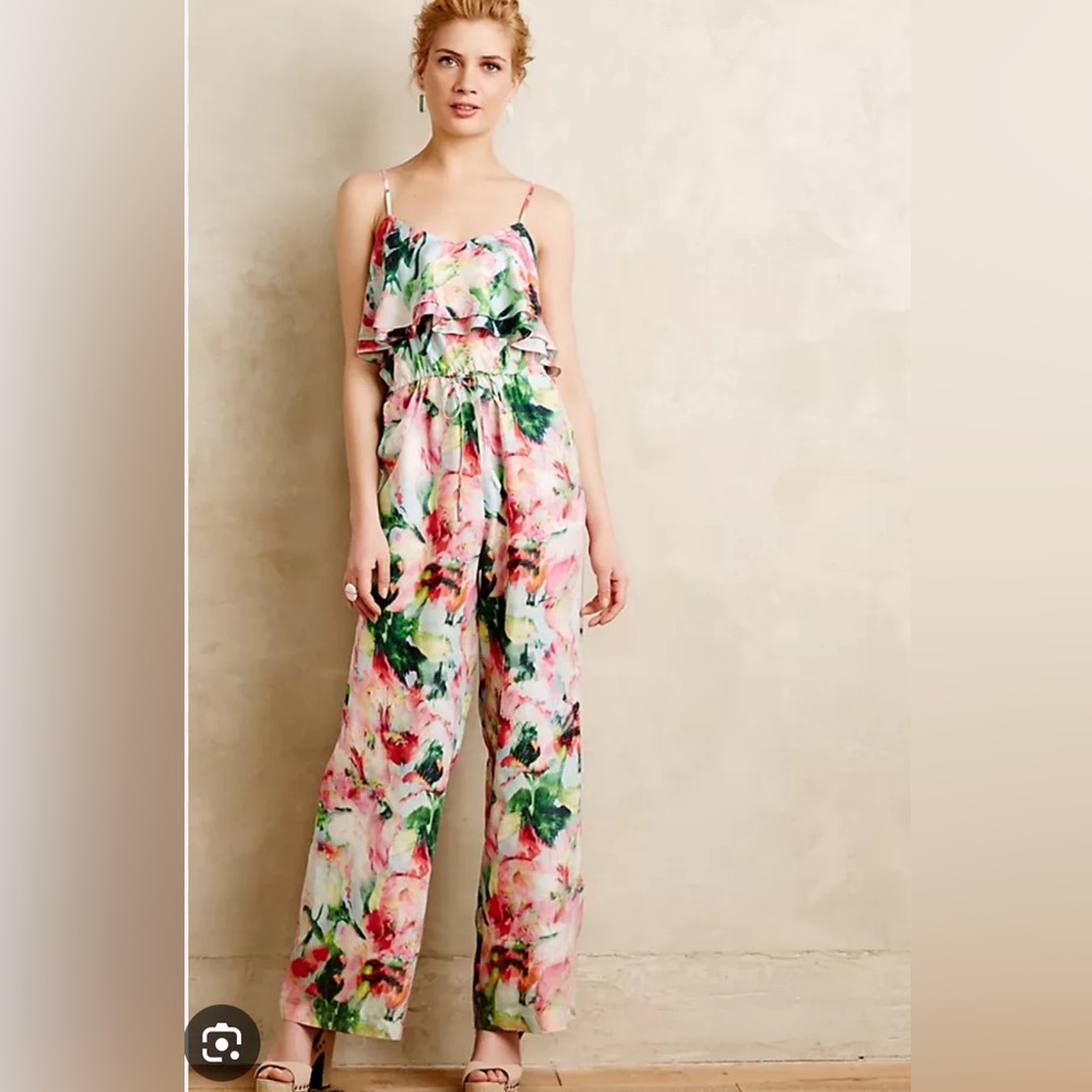 ANTHROPOLOGIE SILK FLEUR WOOD FLORAL JUMPSUIT XS